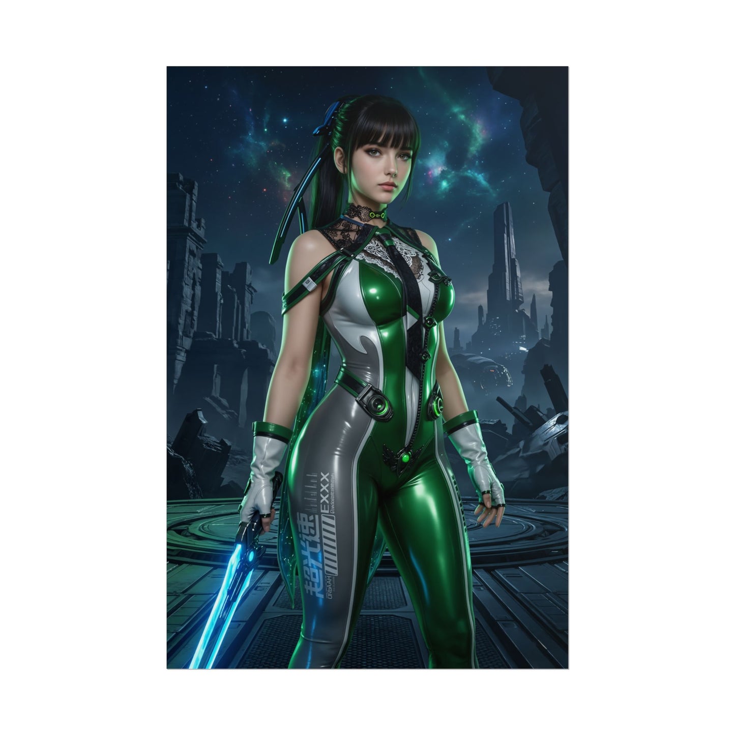 EVE Poster, Stellar Blade Art Print, Iconic Sci-Fi Action Hero: futuristic female warrior in green combat suit holding glowing blade