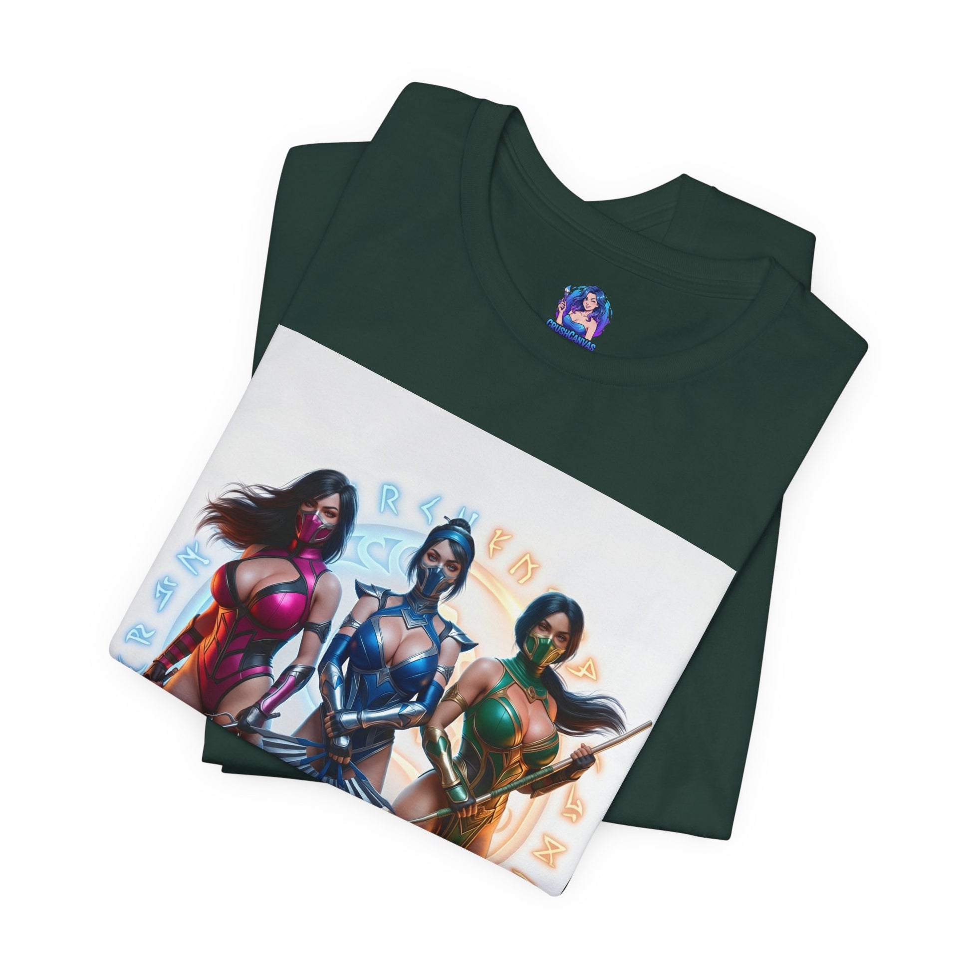 Kitana Jade and Mileena T-Shirt | Mortal Kombat Anime Tee for Gamers & Fans - folded dark green tee showing anime-style trio print