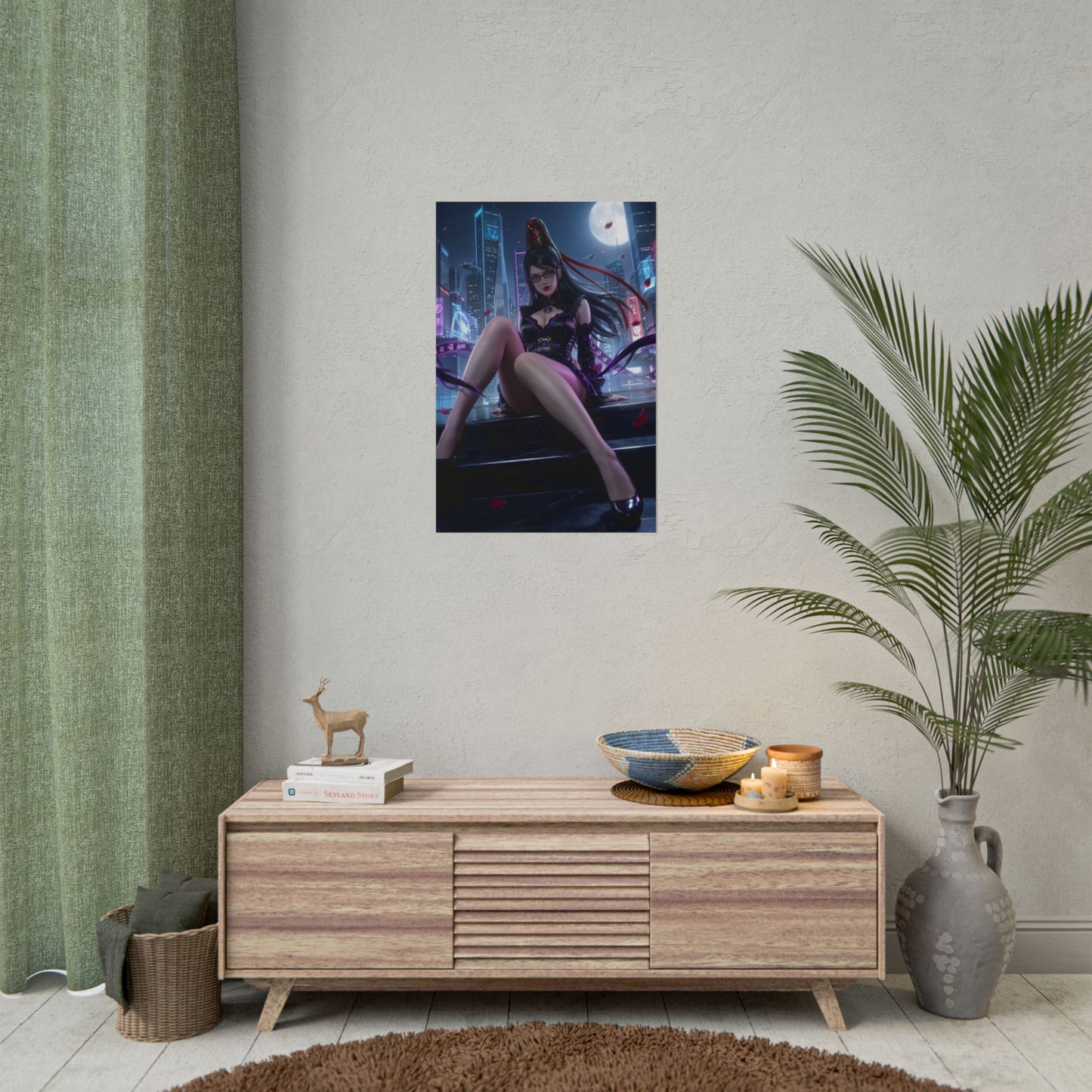 Bayonetta Poster / Bayonetta Wall Art / Bayonetta Art Print / Bayonetta Game Poster - moonlit seductive witch on city rooftop, premium gaming wall art
