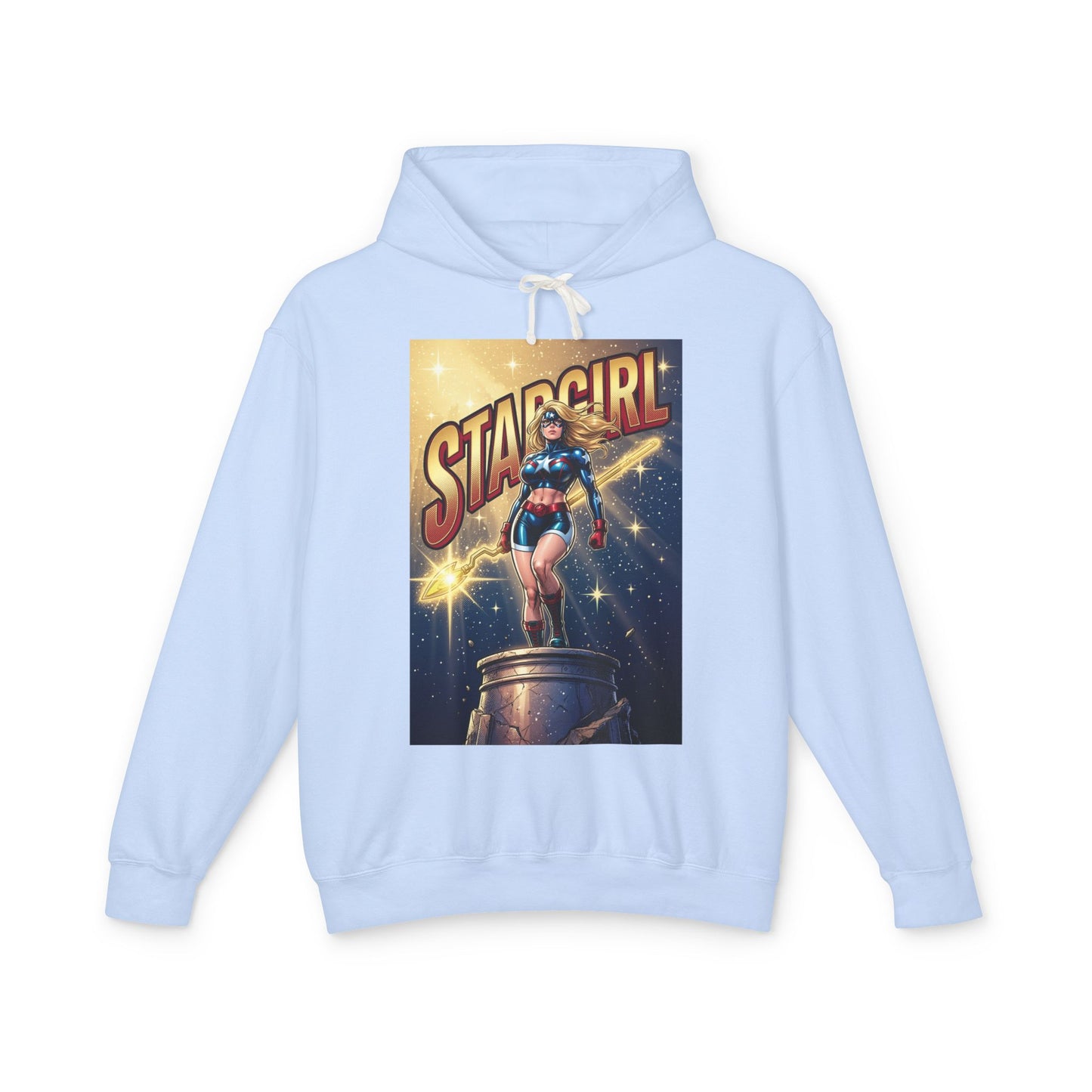 Stargirl Hoodie | DC Superhero Hoodie | Cosmic Staff Pullover light blue hoodie with vintage Stargirl poster print and cosmic staff graphic