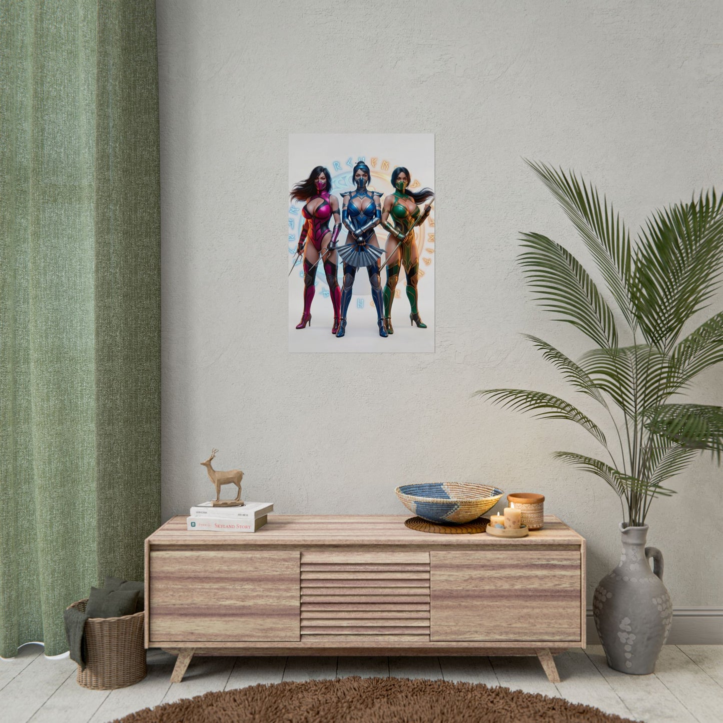 Kitana Jade Mileena Poster, Mortal Kombat Art Print – Iconic Fighter Trio hanging above modern gamer room dresser