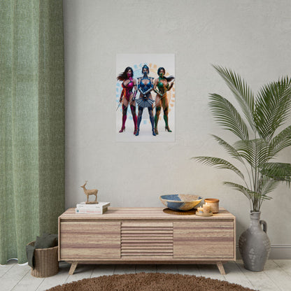 Kitana Jade Mileena Poster, Mortal Kombat Art Print – Iconic Fighter Trio hanging above modern gamer room dresser
