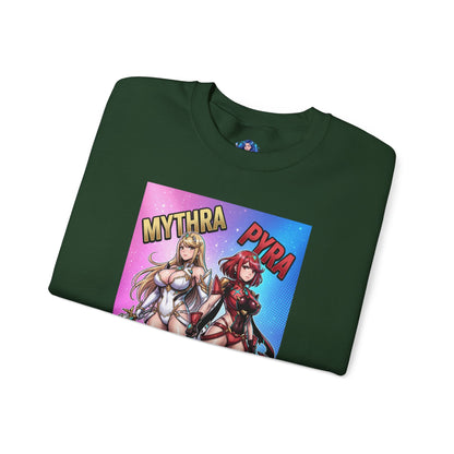 Mythra and Pyra Sweatshirt, Fantasy RPG Crewneck, Anime-Inspired Fan Apparel folded dark green crewneck with vibrant Mythra and Pyra artwork