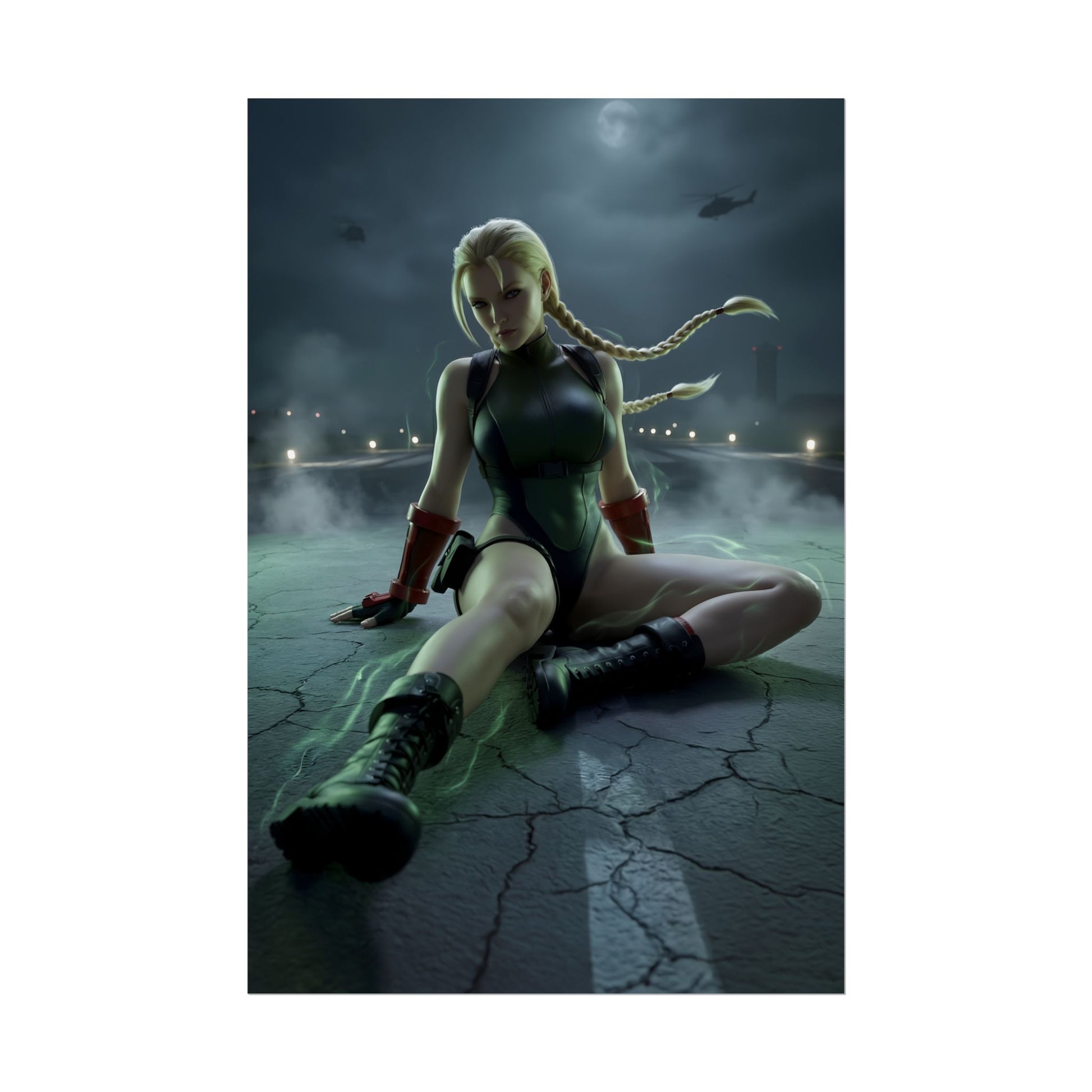 Cammy White Poster / Cammy White Wall Art / Cammy White Art Print / Street Fighter Poster - low-angle cinematic runway pose under stormy night sky