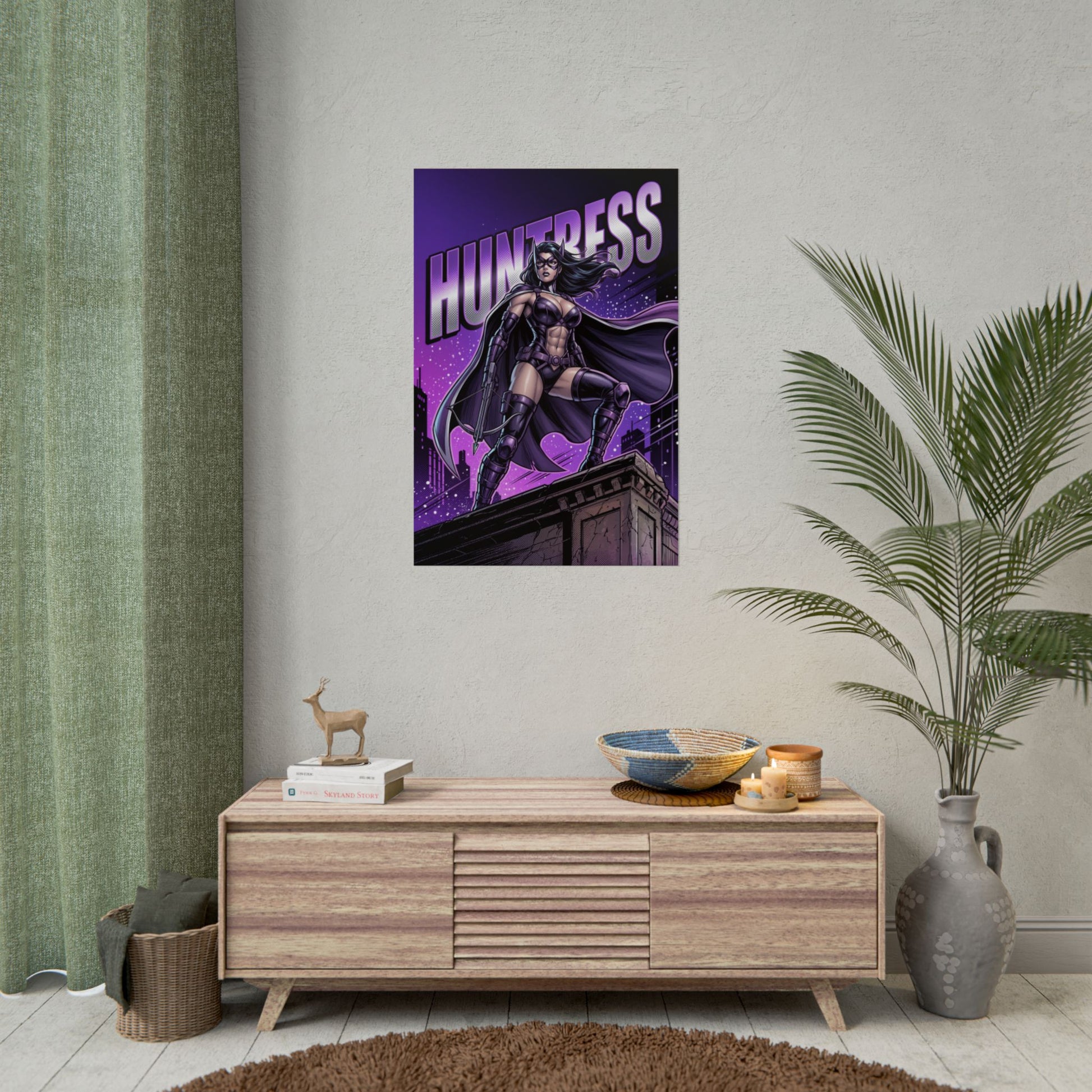 Huntress Poster / Huntress Wall Art / Huntress Art Print / DC Comics Poster - purple night Huntress vigilante on rooftop, bold comic-style wall art
