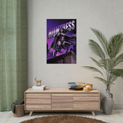 Huntress Poster / Huntress Wall Art / Huntress Art Print / DC Comics Poster - purple night Huntress vigilante on rooftop, bold comic-style wall art
