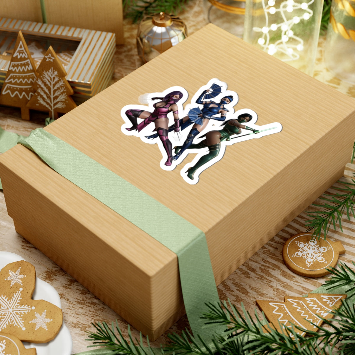 Kitana, Jade, Mileena Sticker – Mortal Kombat Vinyl Sticker for Laptops & Indoor Decor on a gift box, glossy durable vinyl decal featuring three fighters