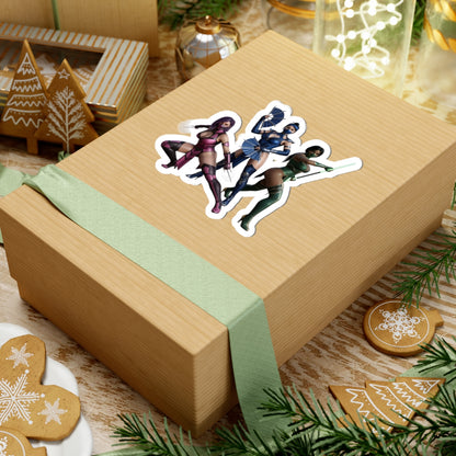 Kitana, Jade, Mileena Sticker – Mortal Kombat Vinyl Sticker for Laptops & Indoor Decor on a gift box, glossy durable vinyl decal featuring three fighters