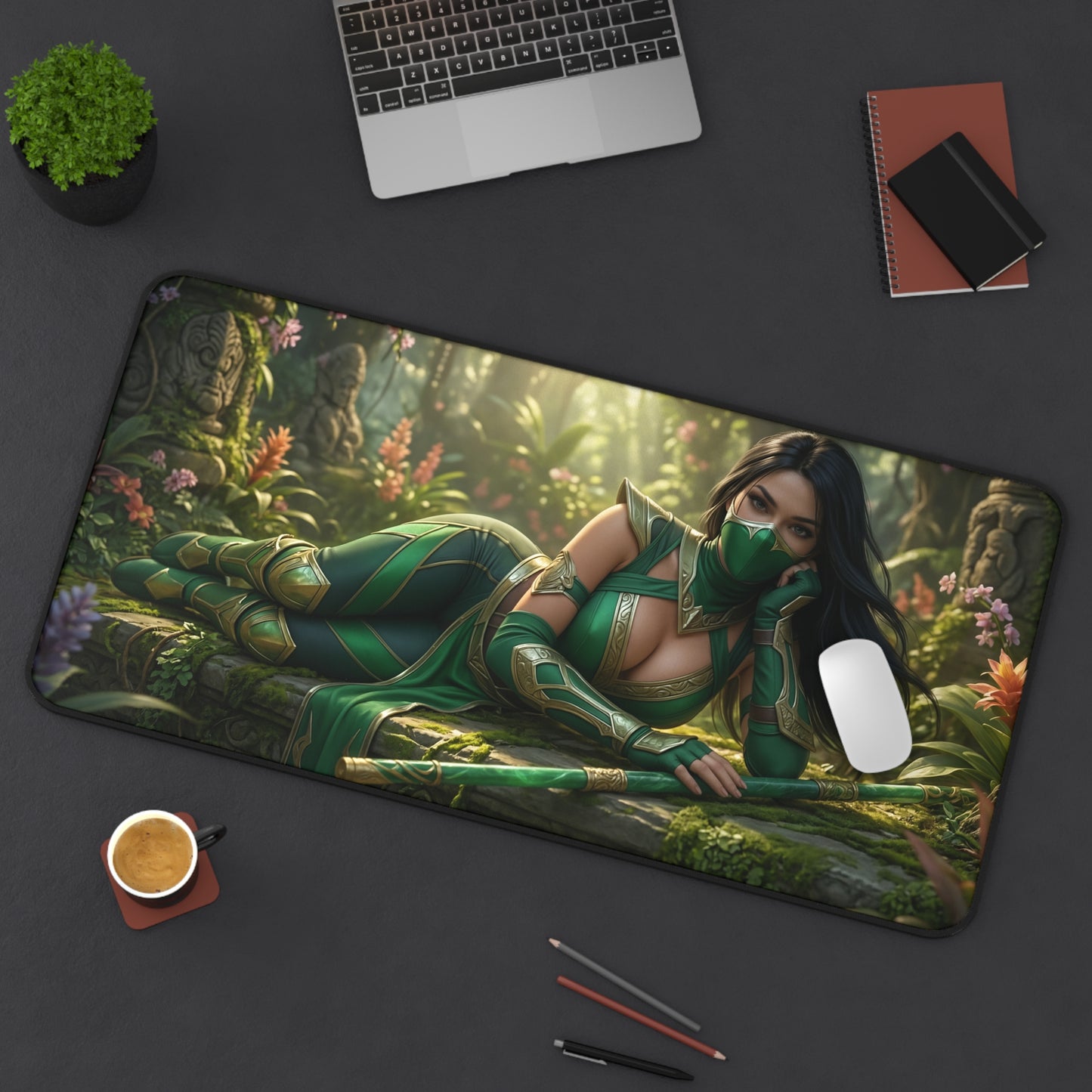 Jade Gaming Mouse Pad, Mortal Kombat Desk Mat, Green Ninja Fighter Setup — premium emerald assassin desk mat with detailed reclining Jade artwork