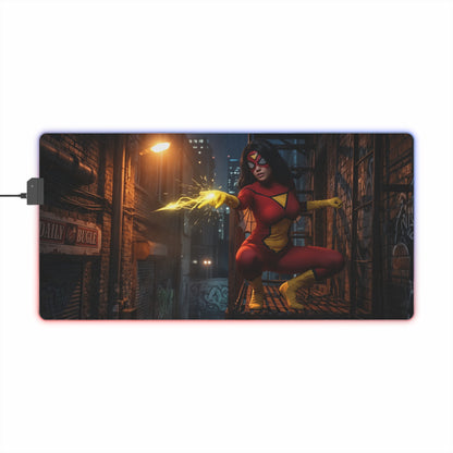 Spider-Woman Desk Mat – LED RGB Pad, Waifu Hero Anime Girl Setup vivid action pose on LED RGB gaming pad with smooth precision-cloth surface