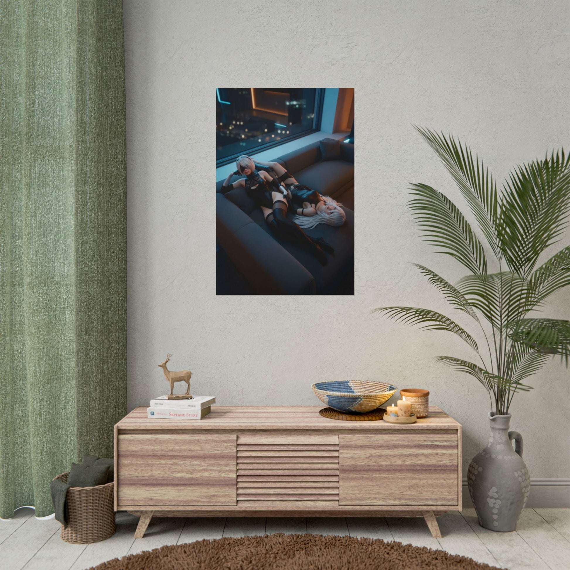 2B and A2 Poster, NieR Automata Art Print – Iconic Android Duo Wall Art hanging in modern gaming room