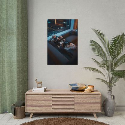 2B and A2 Poster, NieR Automata Art Print – Iconic Android Duo Wall Art hanging in modern gaming room