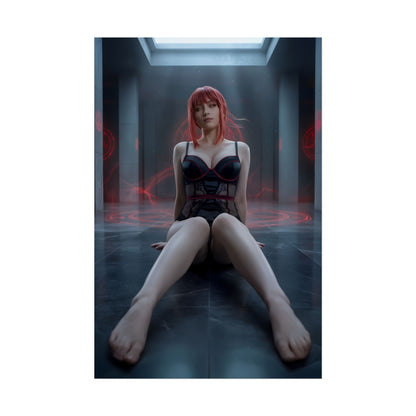 Makima Poster / Makima Wall Art / Makima Art Print / Chainsaw Man Poster - Makima seated in ominous sterile room with red energy accents and piercing gaze