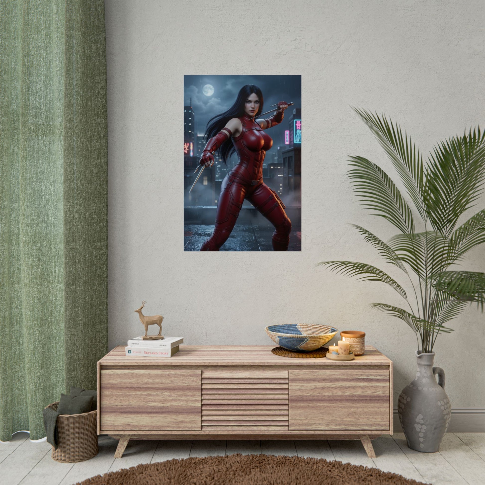Elektra Poster, Marvel Wall Art Print – Comic Heroine Decor on living room wall showcasing red-clad comic heroine in gaming/media room style