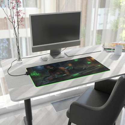 Jade Desk Mat – LED RGB Pad, Waifu Fighter Anime Girl Setup on clean modern desk with green LED edge and warrior anime girl design