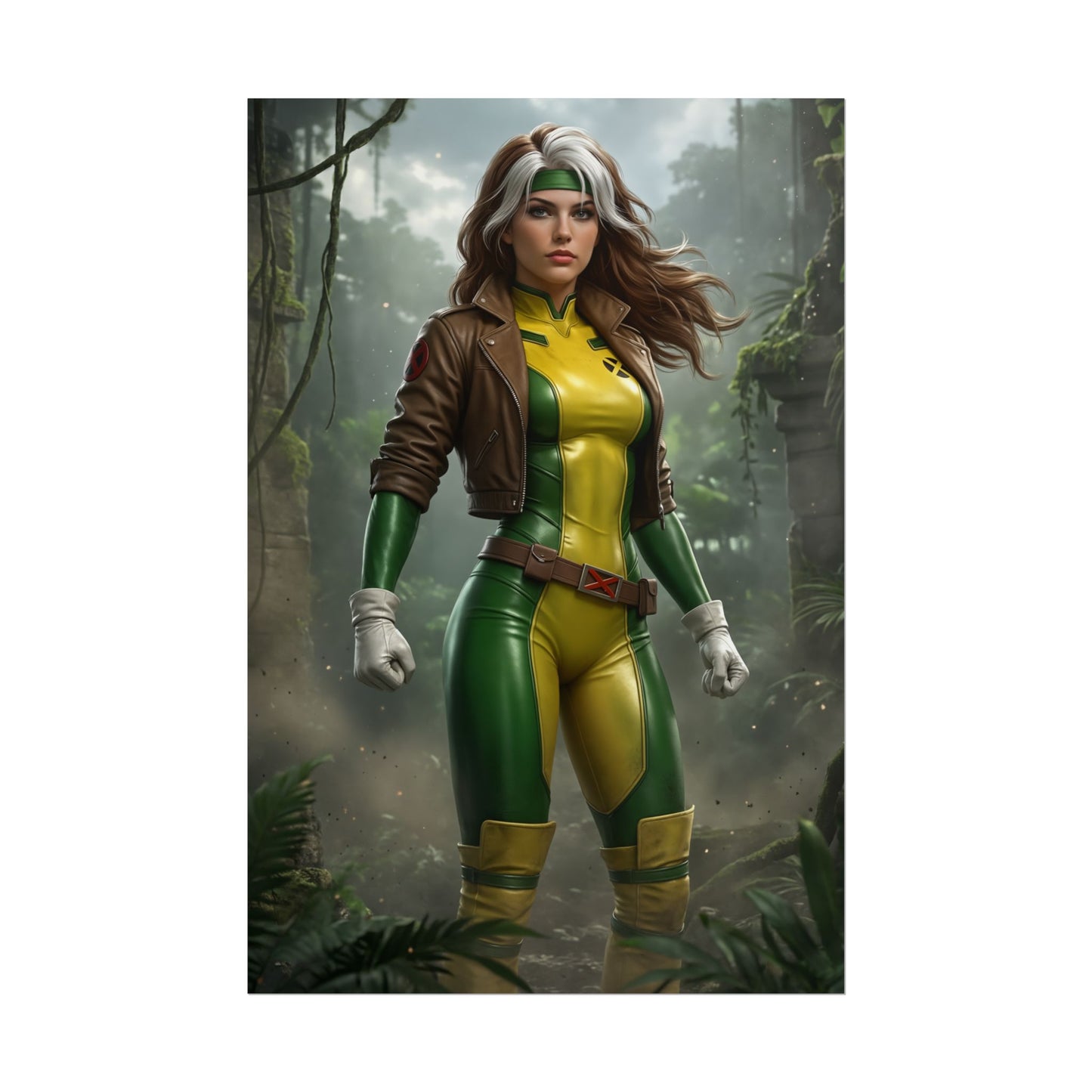 Rogue X-Men Poster – Iconic Mutant Heroine Wall Art for Gamer Decor showing Rogue in green yellow suit and brown jacket in jungle setting