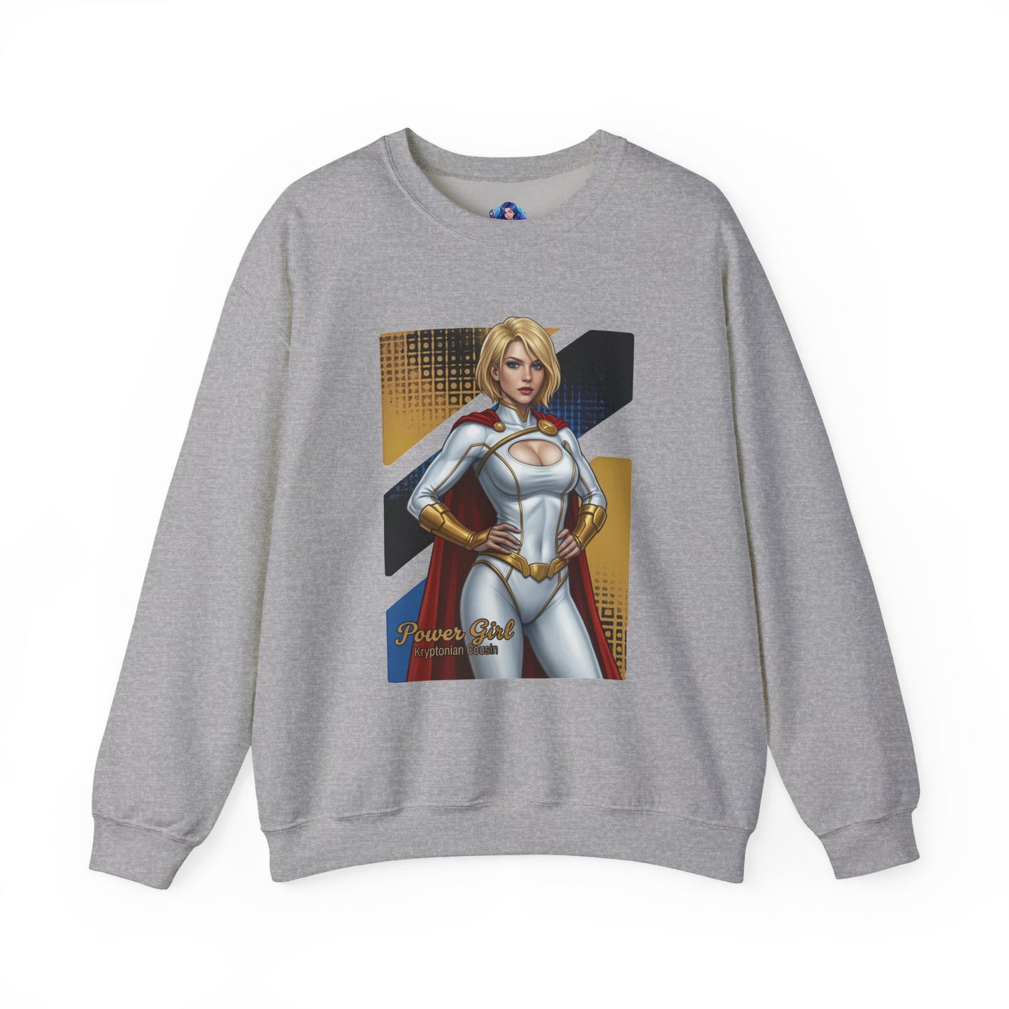Power Girl Sweatshirt, DC Comics Crewneck, Bold Superhero Apparel for Fans - gray crewneck with confident Power Girl illustration