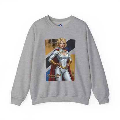 Power Girl Sweatshirt, DC Comics Crewneck, Bold Superhero Apparel for Fans - gray crewneck with confident Power Girl illustration