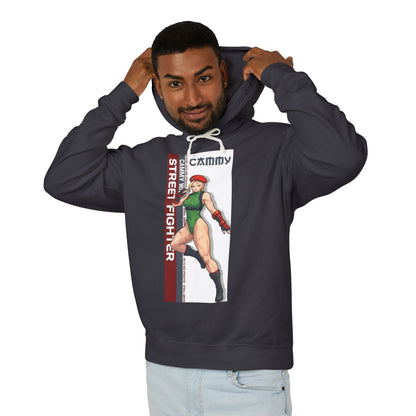 Cammy Hoodie | Street Fighter Hoodie | Anime Fighter Girl Pullover model wearing navy pullover with vertical Cammy artwork and Street Fighter text