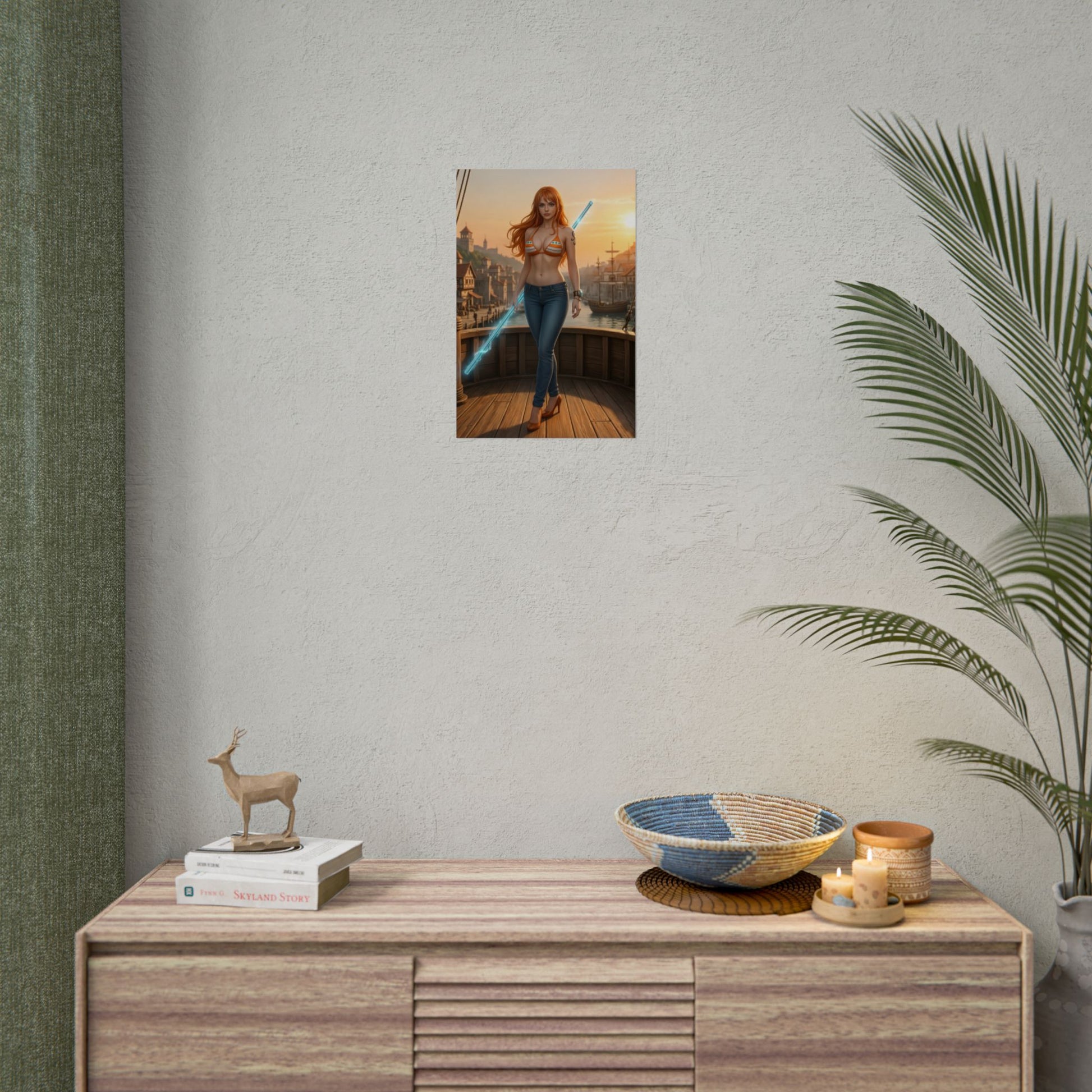 Nami Poster, One Piece Art Print, Iconic Navigator Anime Character - framed wall art of confident navigator in modern room