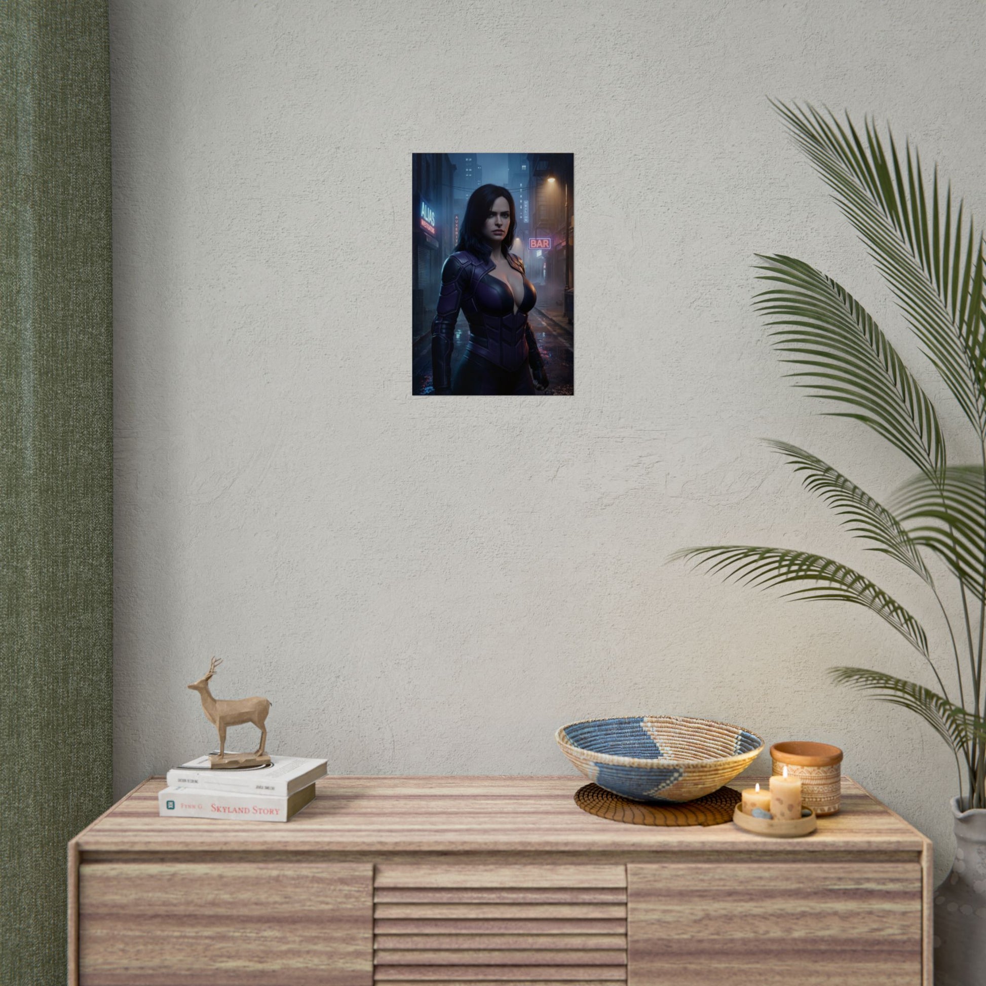 Jessica Jones Poster, Marvel Wall Art Print – Dark Hero Decor on minimalist wall over media console, dark superhero decor for gamer setups