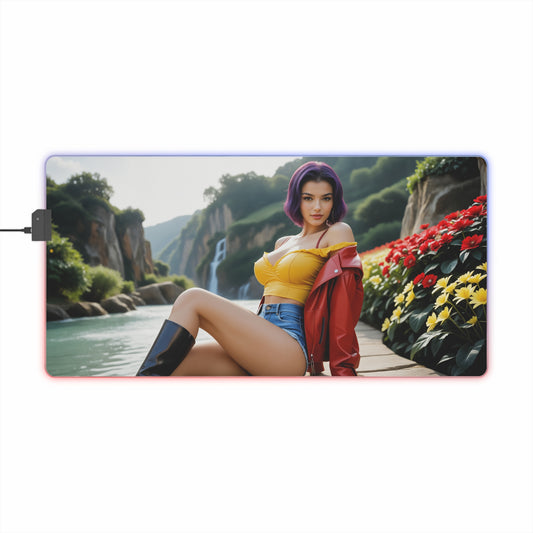 Faye Valentine Desk Mat – LED RGB Pad, Waifu Anime Girl Gaming Setup featuring confident waifu by river on RGB gaming desk mat
