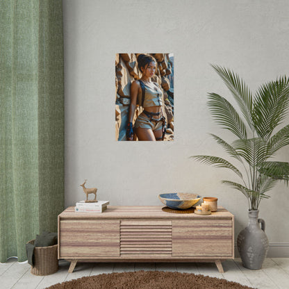 Panam Palmer Poster – Cyberpunk Heroine Wall Art for Gaming Room Decor on neutral wall above wooden console