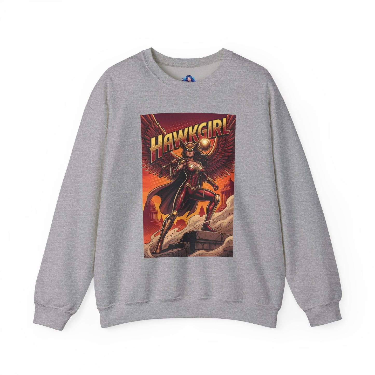 Hawkgirl Sweatshirt, DC Comics Wall Art Style, Premium Heroine Apparel — gray crewneck with anime-inspired Hawkgirl winged armor and mace graphic