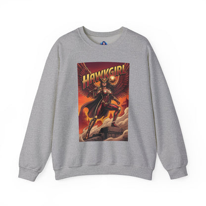 Hawkgirl Sweatshirt, DC Comics Wall Art Style, Premium Heroine Apparel — gray crewneck with anime-inspired Hawkgirl winged armor and mace graphic