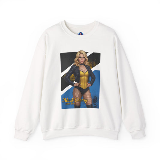 Black Canary Sweatshirt, DC Comics Crewneck, Classic Superhero Apparel for Fans — white crewneck with Black Canary artwork featuring blonde hero in yellow bodysuit