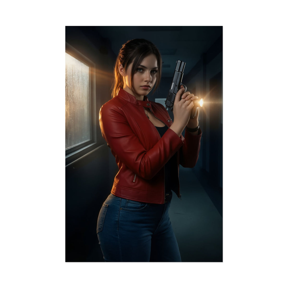 Claire Redfield Poster, Resident Evil Art Print  Iconic Survival Heroine: dramatic poster of Claire Redfield in red jacket holding a handgun in dim corridor