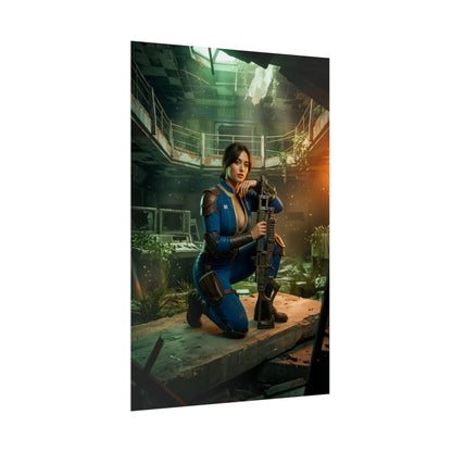 Lucy Poster, Fallout Series Art Print, Iconic Vault Dweller Wall Decor — vault-dweller kneeling with rifle in ruined vault interior