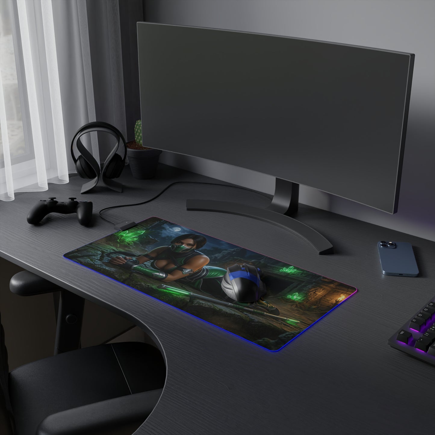 Jade Desk Mat – LED RGB Pad, Waifu Fighter Anime Girl Setup on dark gaming desk with warrior art, RGB lighting, mouse and headset