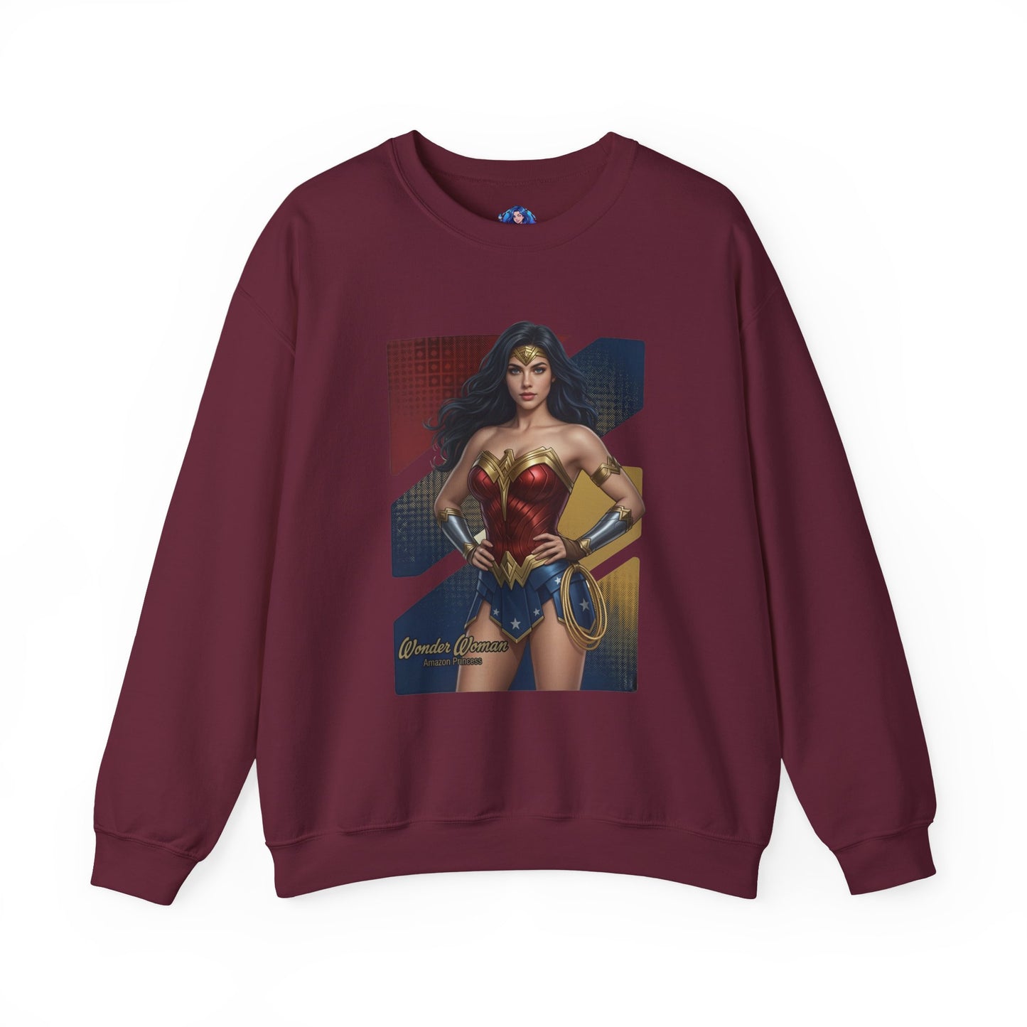 Wonder Woman Sweatshirt, DC Comics Crewneck, Legendary Superhero Apparel for Fans – burgundy crewneck with iconic armor artwork and cozy fit