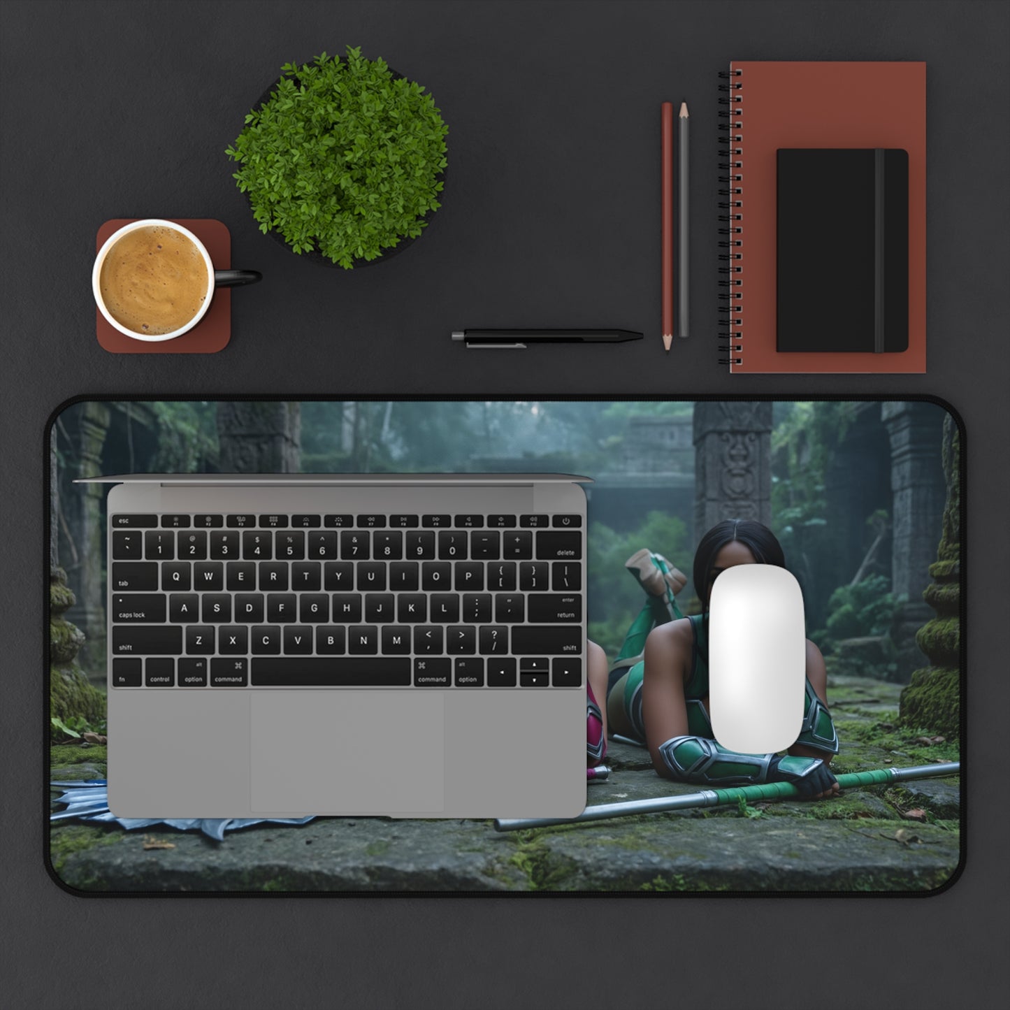 Kitana Jade Mileena Gaming Mouse Pad, Mortal Kombat Desk Mat, Edenian Fighters Setup — desk mat with Edenian trio artwork under laptop and mouse