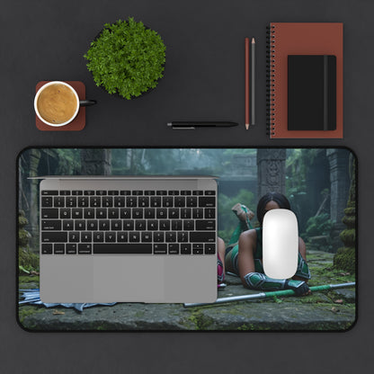 Kitana Jade Mileena Gaming Mouse Pad, Mortal Kombat Desk Mat, Edenian Fighters Setup — desk mat with Edenian trio artwork under laptop and mouse