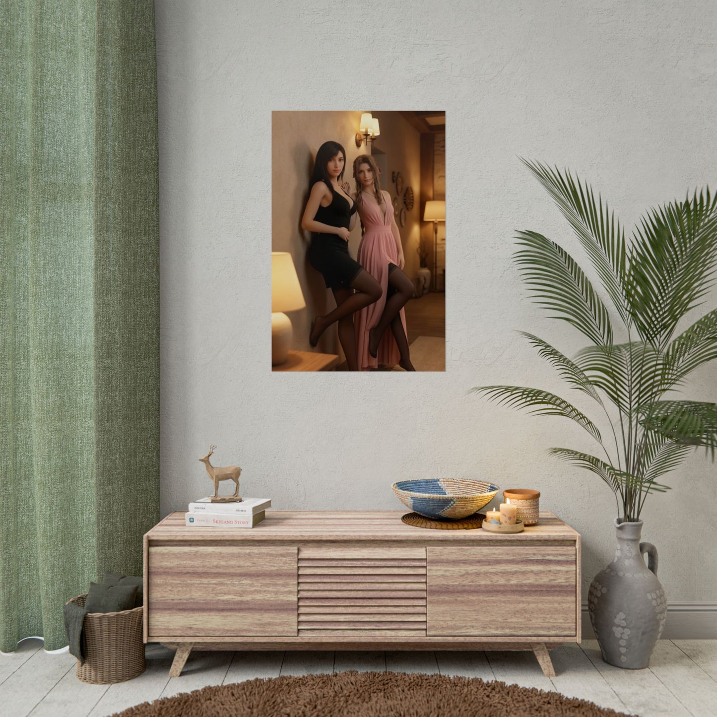 Tifa Aerith Poster, Final Fantasy VII Art Print – Iconic JRPG Duo Decor hanging in modern gaming room above console, stylish gamer wall art
