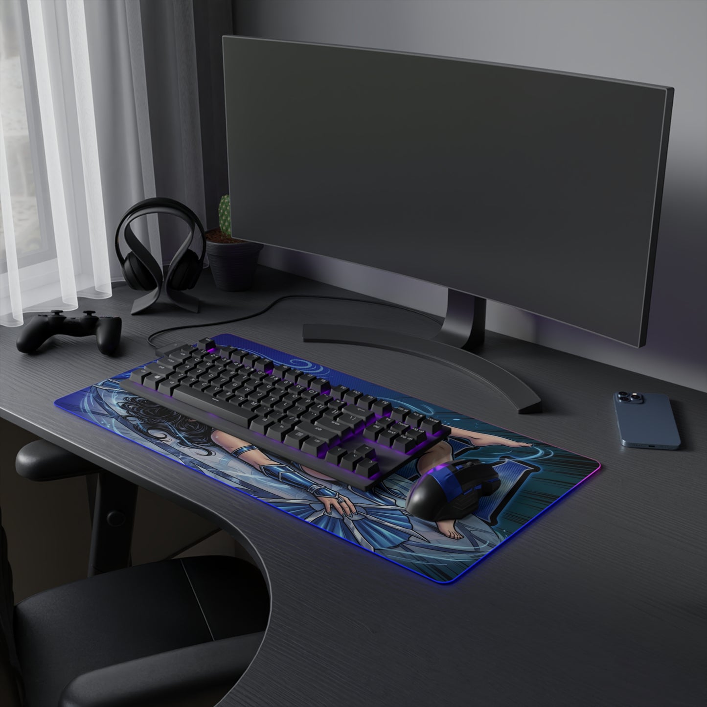 Kitana RGB Desk Mat, Mortal Kombat Gaming Mouse Pad, LED Desk Mat for Gamer Setup on dark gamer desk with keyboard and mouse