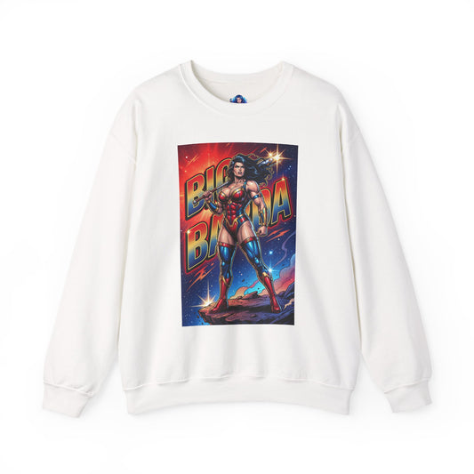 Big Barda Sweatshirt, DC Comics Character Art, Premium Fan Apparel - white crewneck featuring vivid Big Barda heroic stance comic art