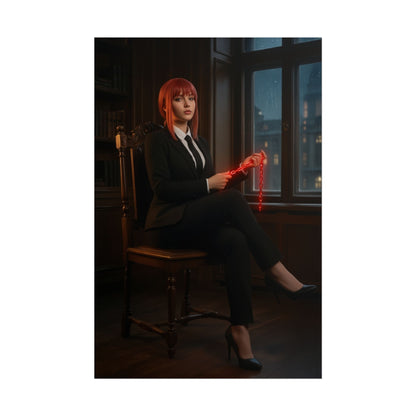 Makima Poster, Chainsaw Man Print, Iconic Anime Character Art - seated Makima cosplay in suit holding glowing red leash in moody study