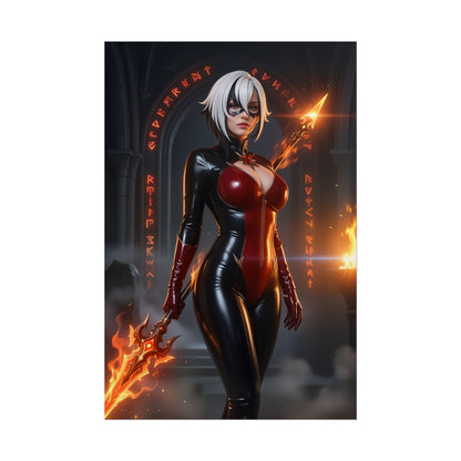 Arlecchino Poster, Genshin Impact Art Print – Iconic Harbinger Heroine: dark fantasy wall art of powerful masked heroine in latex suit with flaming spear