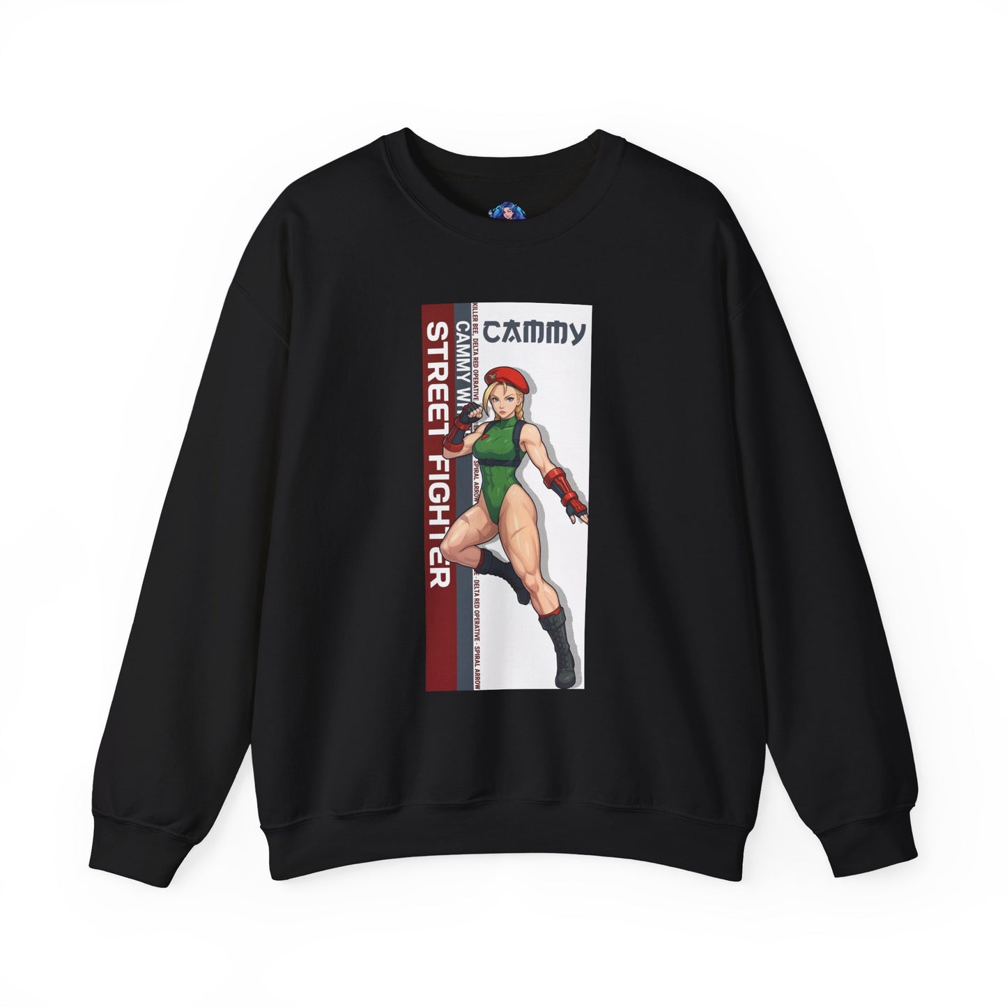 Cammy Sweatshirt, Street Fighter Crewneck, Classic Fighting Game Apparel for Fans - black crewneck with Cammy artwork in green leotard