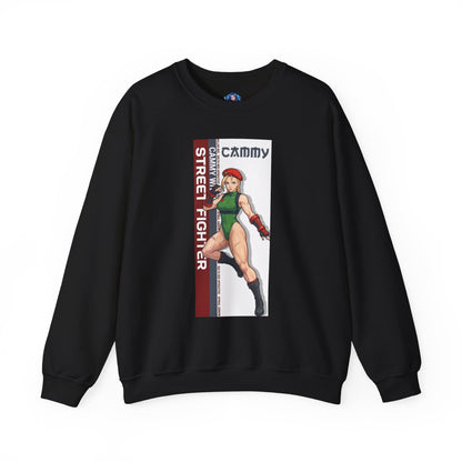 Cammy Sweatshirt, Street Fighter Crewneck, Classic Fighting Game Apparel for Fans - black crewneck with Cammy artwork in green leotard