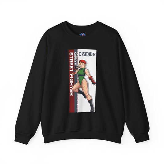 Cammy Sweatshirt, Street Fighter Crewneck, Classic Fighting Game Apparel for Fans - black crewneck with Cammy artwork in green leotard
