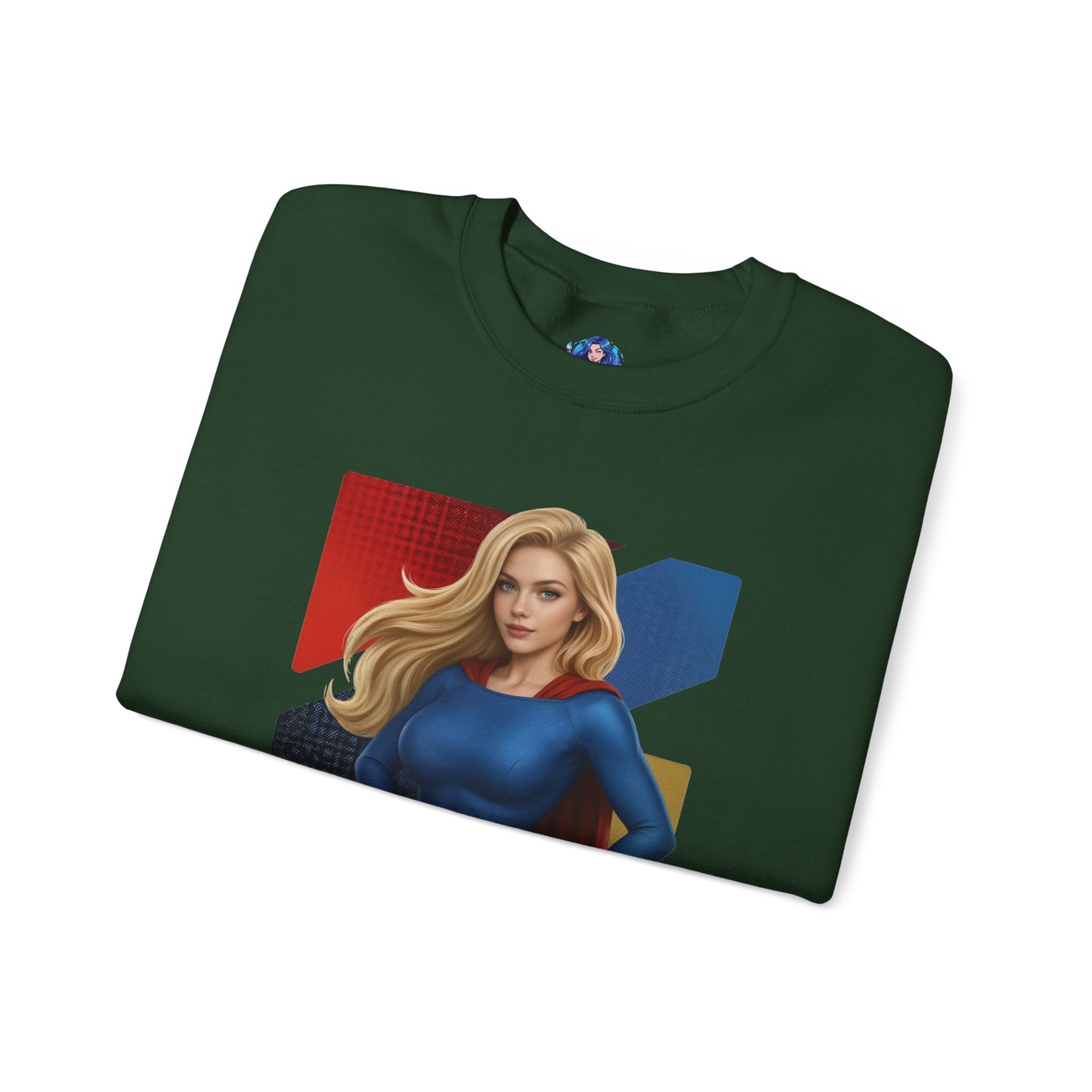 Supergirl Sweatshirt, DC Comics Crewneck, Iconic Superhero Apparel for Fans — folded green crewneck with illustrated Supergirl portrait