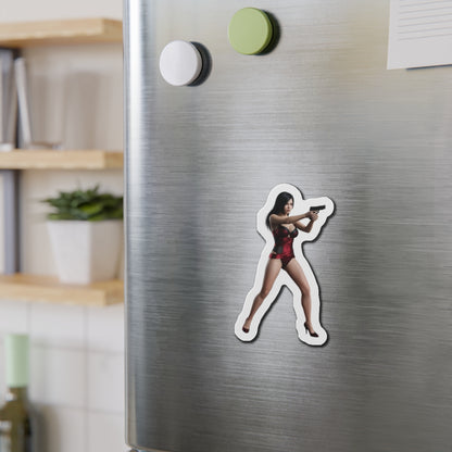 Ada Wong Magnet – Resident Evil Character Fridge Magnet, Anime Game Decor die-cut vinyl fridge magnet showing stylized Ada Wong aiming a handgun