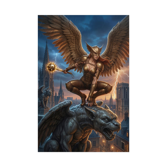 Hawkgirl Poster, DC Comics Art Print – Superhero Wall Art featuring Hawkgirl perched on gargoyle over stormy city