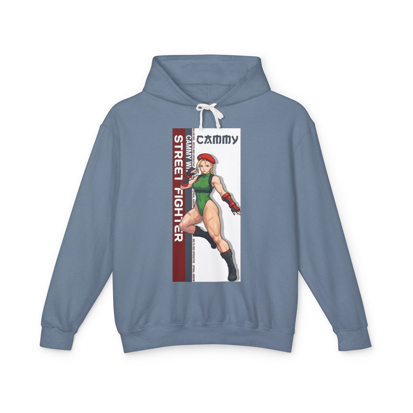 Cammy Hoodie | Street Fighter Hoodie | Anime Fighter Girl Pullover featuring bold Cammy illustration on light blue pullover