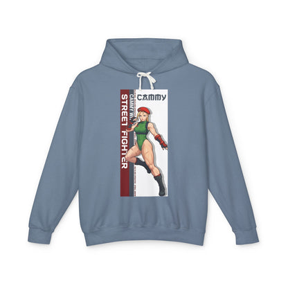 Cammy Hoodie | Street Fighter Hoodie | Anime Fighter Girl Pullover featuring bold Cammy illustration on light blue pullover