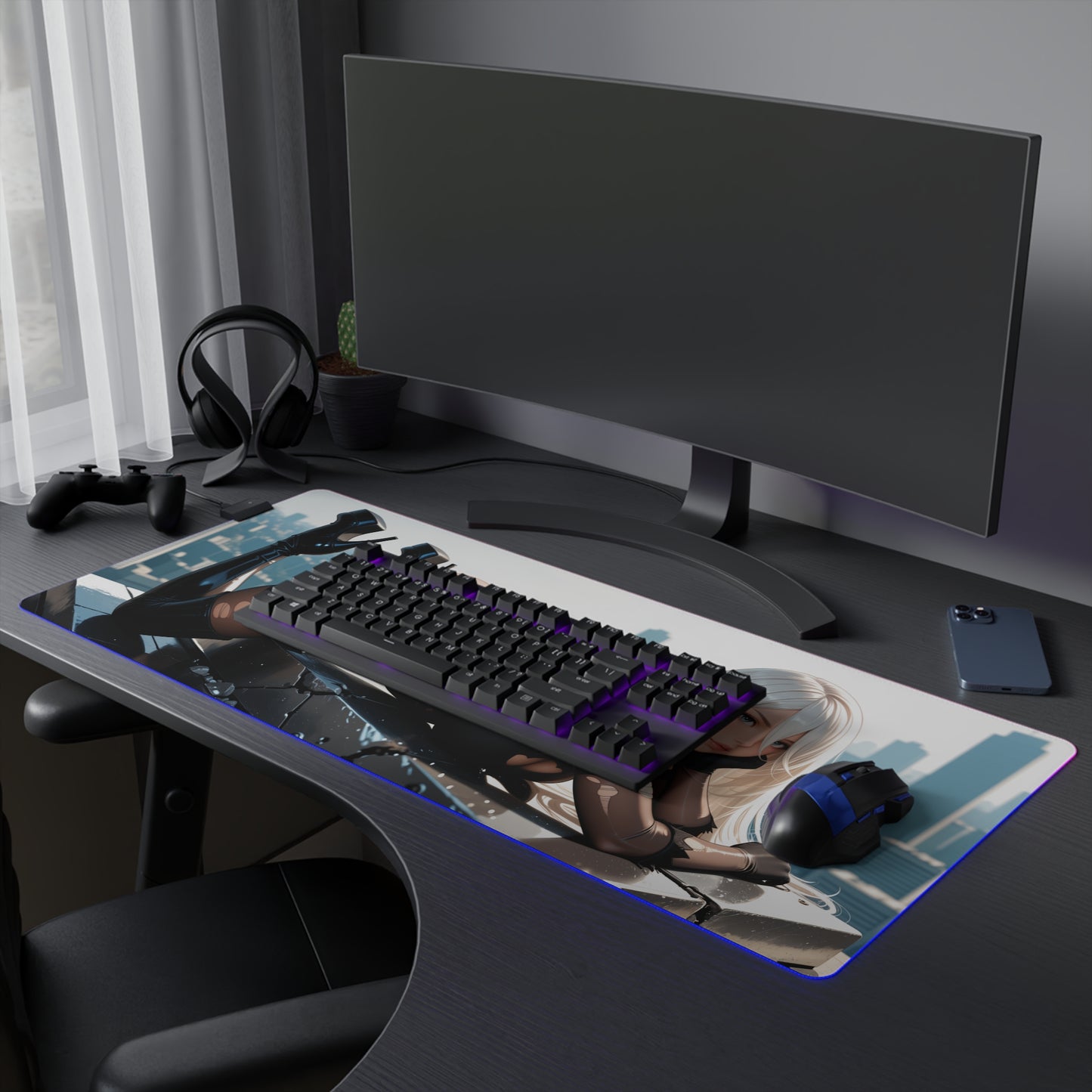 2B Desk Mat – LED RGB Pad, Elegant Waifu Android Girl Gaming Setup